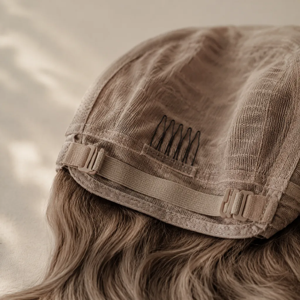 The inside back of a wig cap, showing the adjustable straps and a small comb