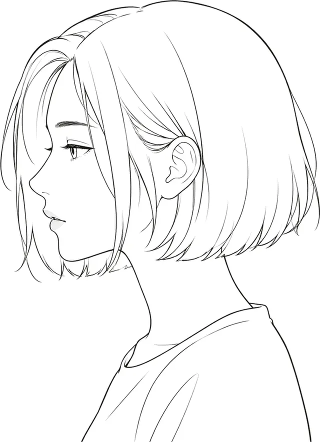 Line illustration of a woman in profile wearing a chin-length bob