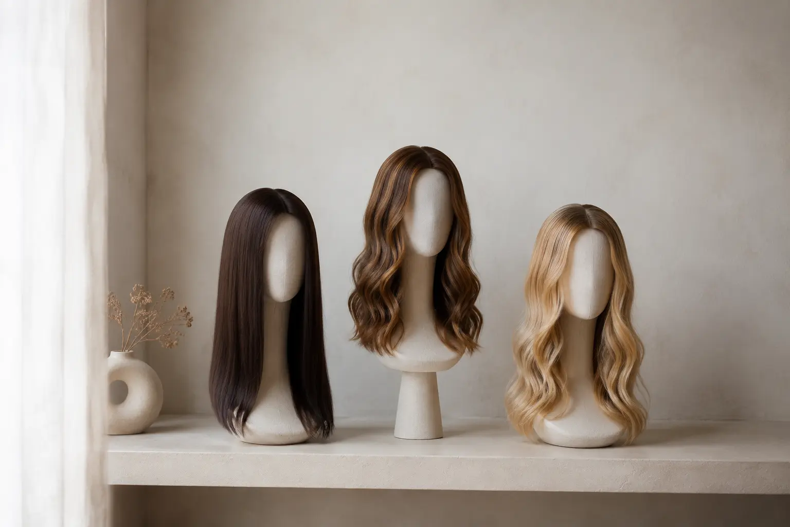 Three wigs in different shades and textures on matte ceramic stands in soft daylight