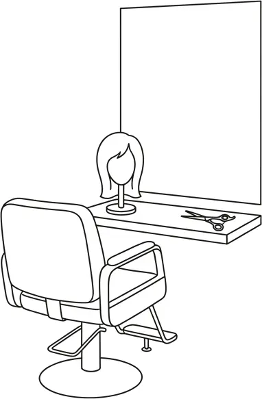 Illustration au trait représentant un fauteuil de salon vide face à un miroir, avec une perruque sur un support et des ciseaux posés sur le comptoir derrière celui-ci