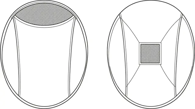 Schéma au trait de deux bonnets de perruque vus de dessus — celui de gauche présente un large panneau en maille sur tout le bord avant, celui de droite comporte un petit carré de maille à l’avant et au niveau de la raie supérieure