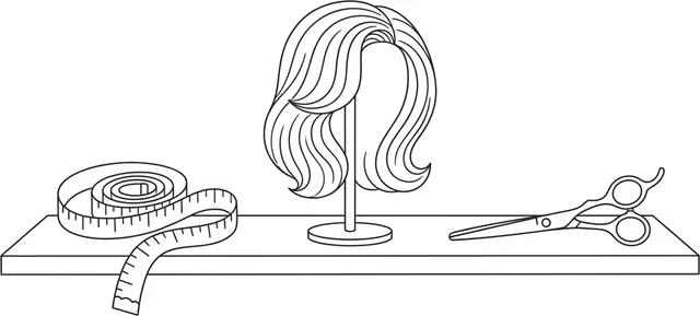 Ilustración a trazo de una estantería con una peluca en un soporte, con una cinta métrica enrollada a un lado y unas tijeras al otro