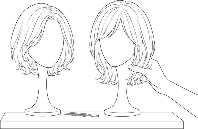 Illustration au trait représentant deux perruques posées côte à côte sur des supports, une main tendue vers l’une d’elles
