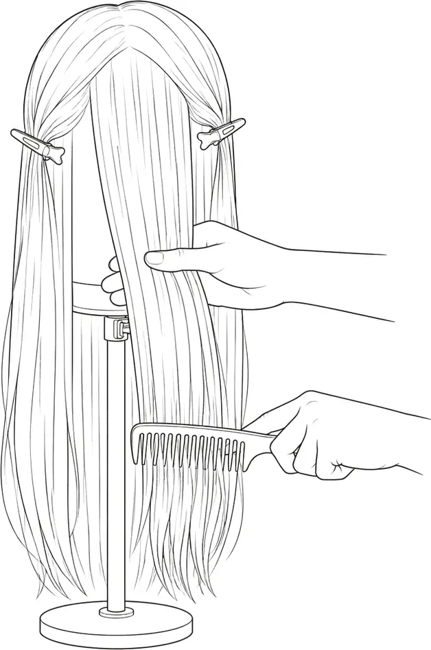 Strichzeichnung einer langen Perücke auf einem Ständer, die mit zwei Klammern unterteilt ist; eine Hand stützt das Haar, während die andere mit einem breitzinkigen Kamm durch die Haarspitzen kämmt