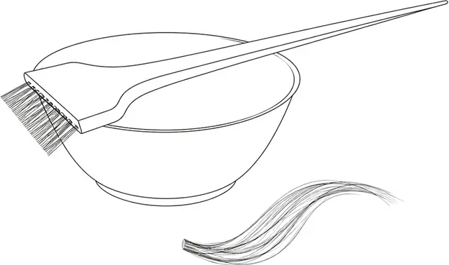 Line illustration of a tint bowl and brush beside a single test section of hair
