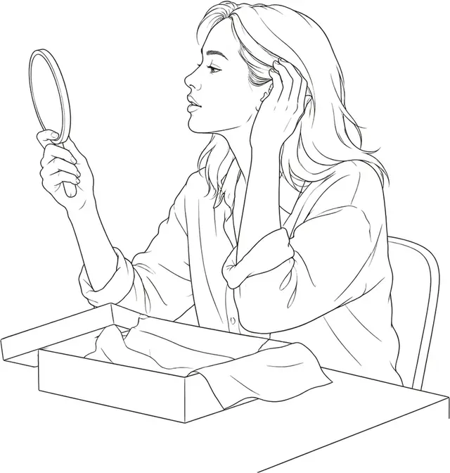 Line illustration of a woman looking at herself in a hand mirror, a box open on the table