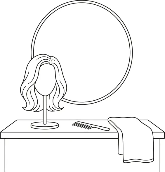 Ilustración lineal de un mostrador de pruebas: una peluca en un soporte frente a un espejo redondo, con un peine y una toalla doblada al lado