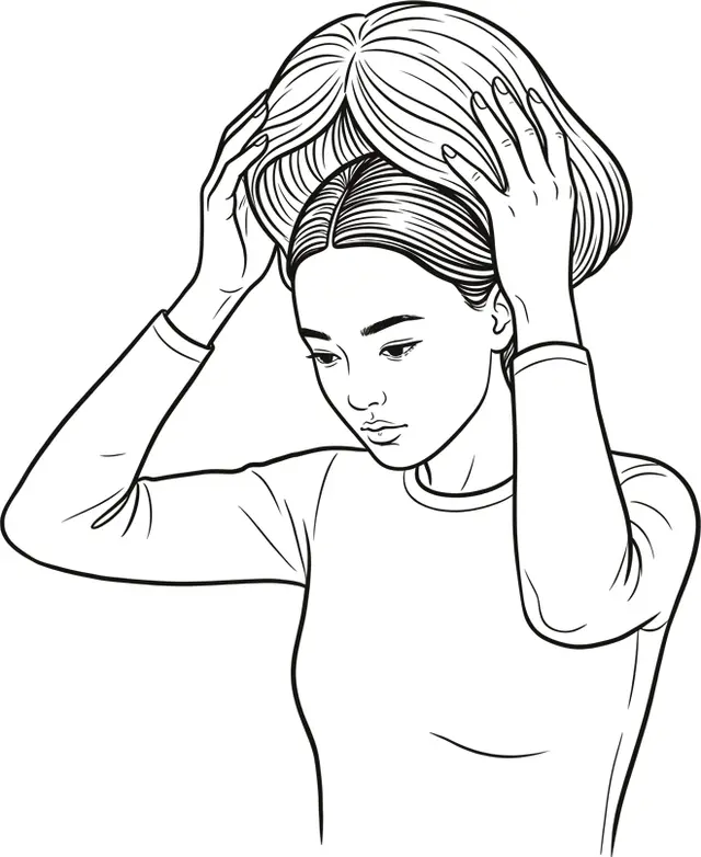 Illustration au trait représentant une femme positionnant une perruque sur sa tête à l’aide de ses deux mains, en commençant par le bord avant