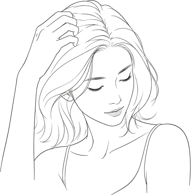 Ilustración a trazo de una mujer en vista de tres cuartos, con una mano en la raya del pelo