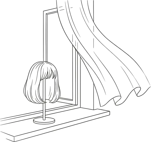 Strichzeichnung einer kurzen Perücke auf einem Ständer auf einer Fensterbank, neben einem offenen Fenster, dessen Vorhang sich im Wind bewegt