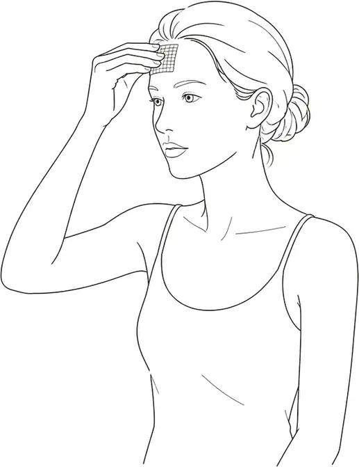 Ilustración de trazo de una mujer que sostiene un pequeño cuadrado de malla de encaje fina pegado a la parte superior de la frente para compararlo con su propia piel