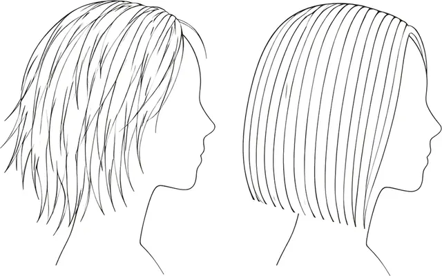 Strichzeichnung von zwei Köpfen im Profil – einer mit unregelmäßigem Haar, einer mit vollkommen gleichmäßigem Haar