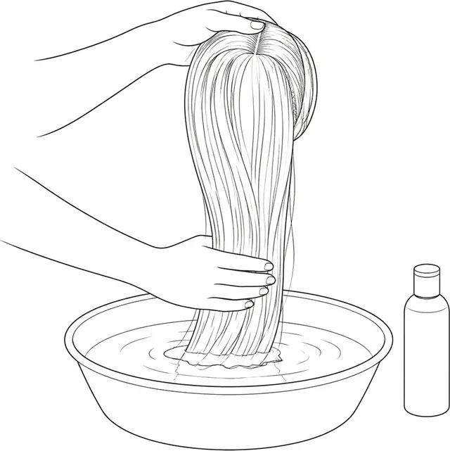 Line illustration of hands drawing downward through a wig held in a basin of water
