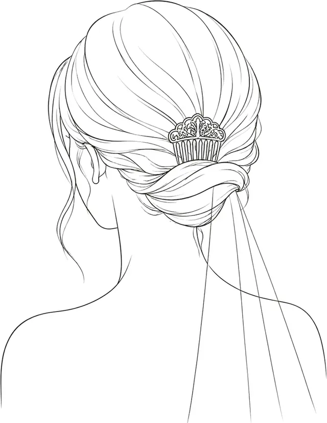 Ilustración a trazo de una melena recogida en un moño bajo con un peine decorativo y un velo