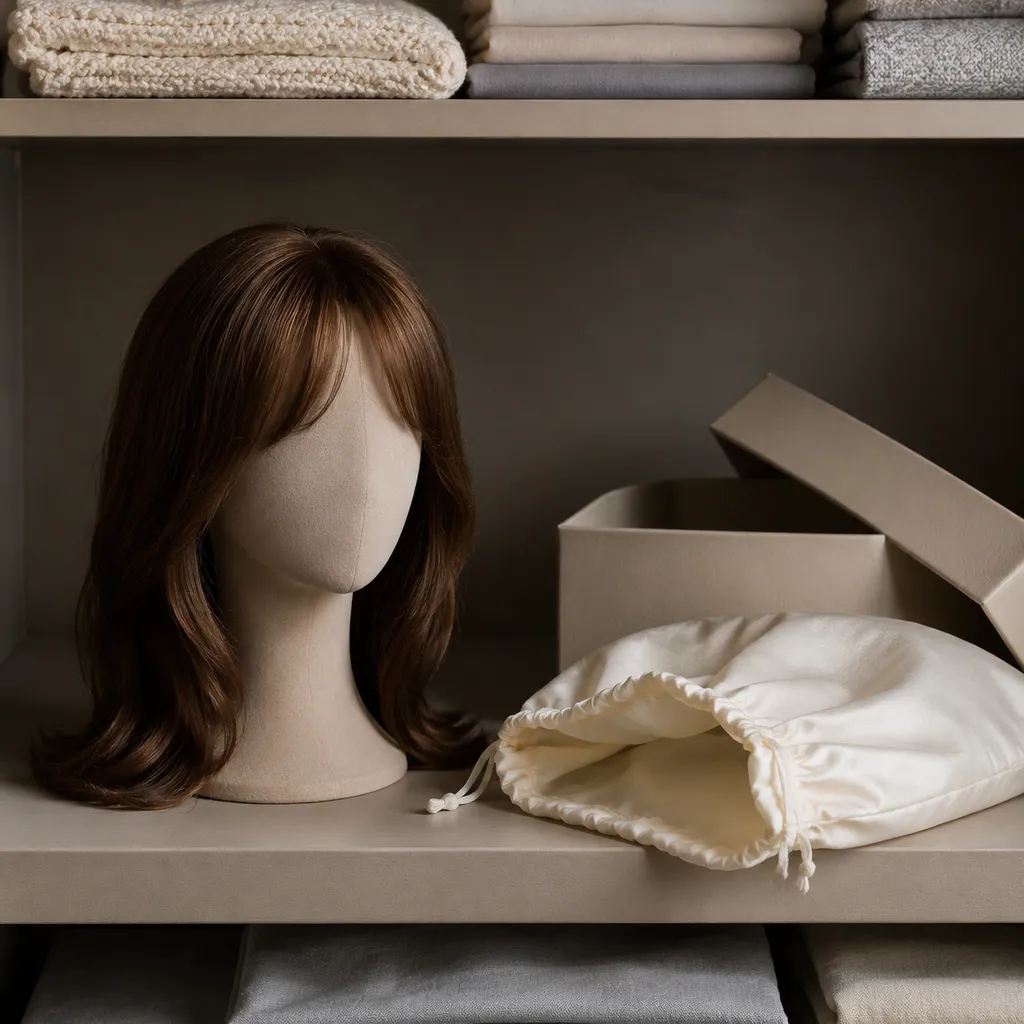 A wig on a stand beside an open silk drawstring bag and a plain storage box