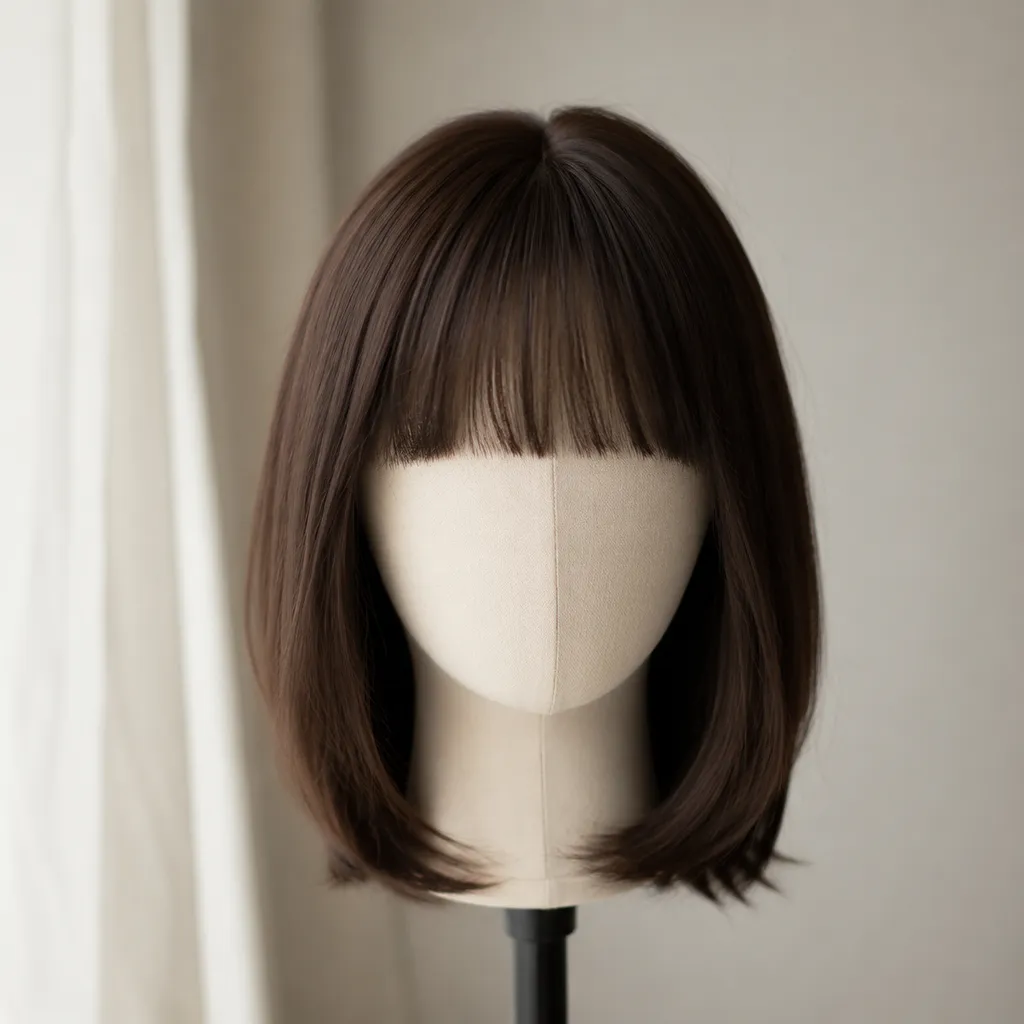 A dark brown wig with a full straight fringe on a featureless mannequin head