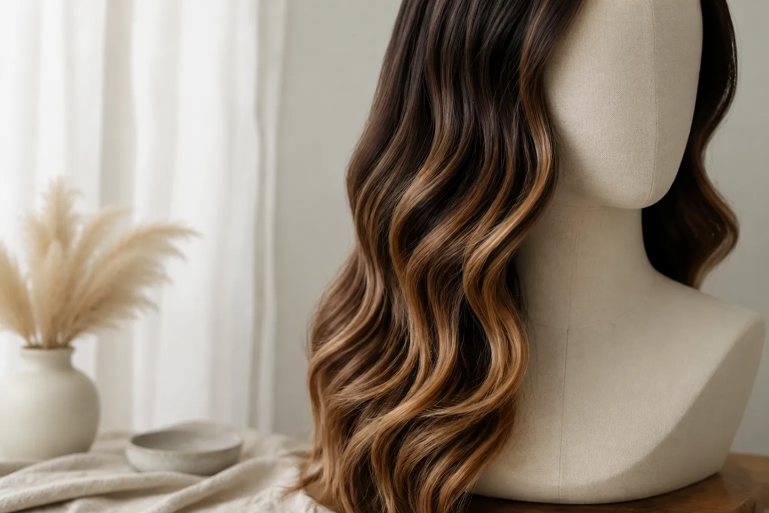Long wavy hair with balayage highlights, several tones visible in one length