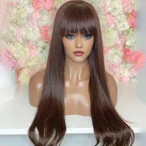 Dark Brown Straight Lace Wigs with Bangs Lace Front Human Hair