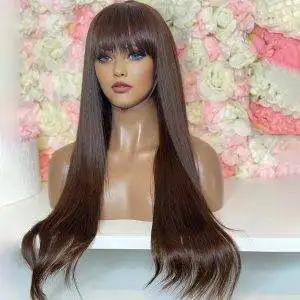 Alternative view of Dark Brown Straight Lace Wigs with Bangs Lace Front Human Hair