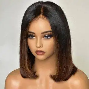 Alternative view of Brown Straight Bob Wig Lace Front Human Hair