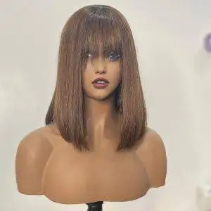 Alternative view of Dark Brown Straight Bob Wig with Bangs Lace Front Human Hair