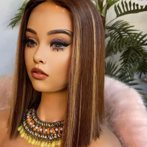 Short Bob Highlight Blonde Brown Lace Front Wigs